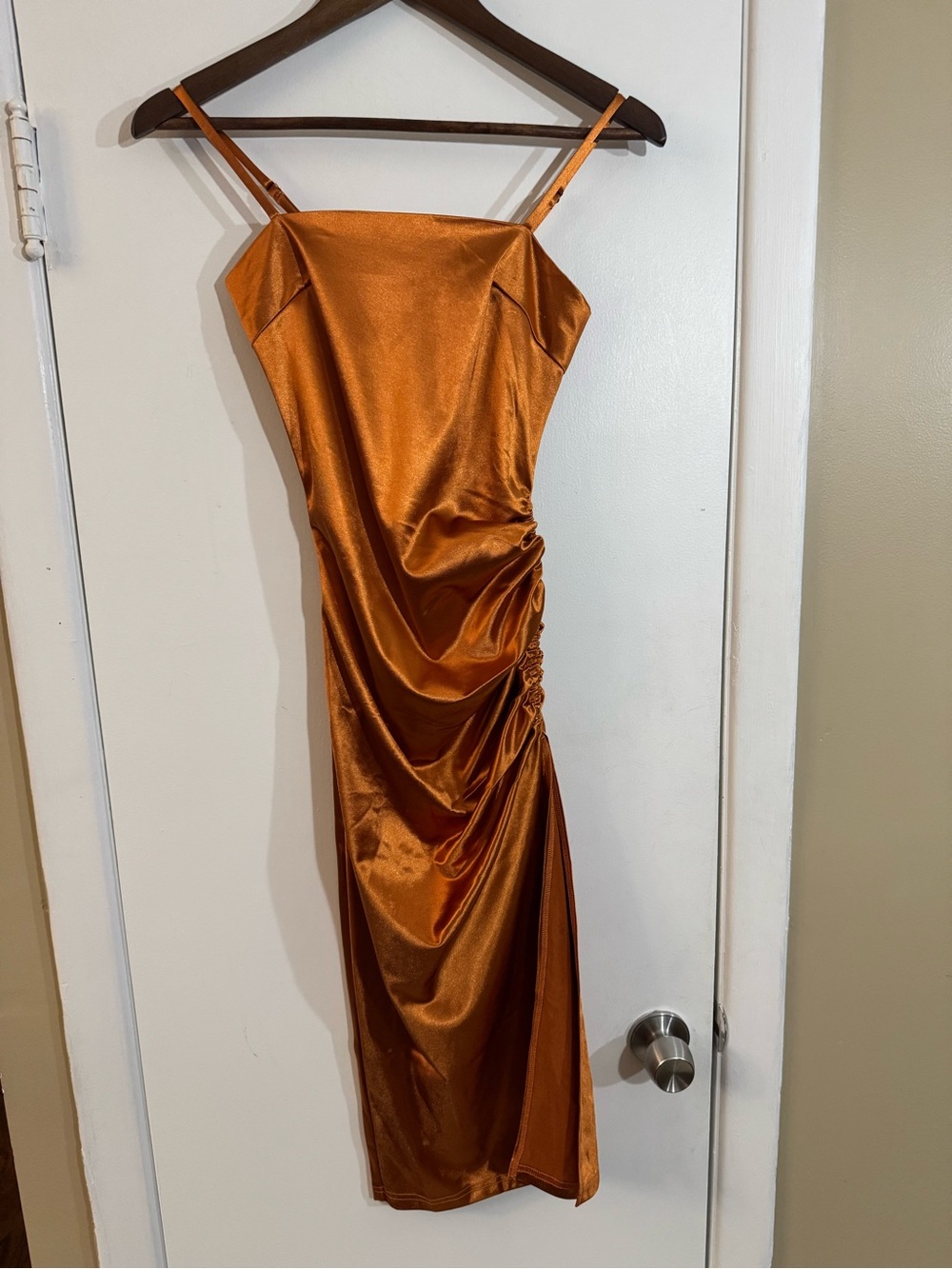 Hera Collection Satin Ruched Slip Midi Dress in Copper Orange